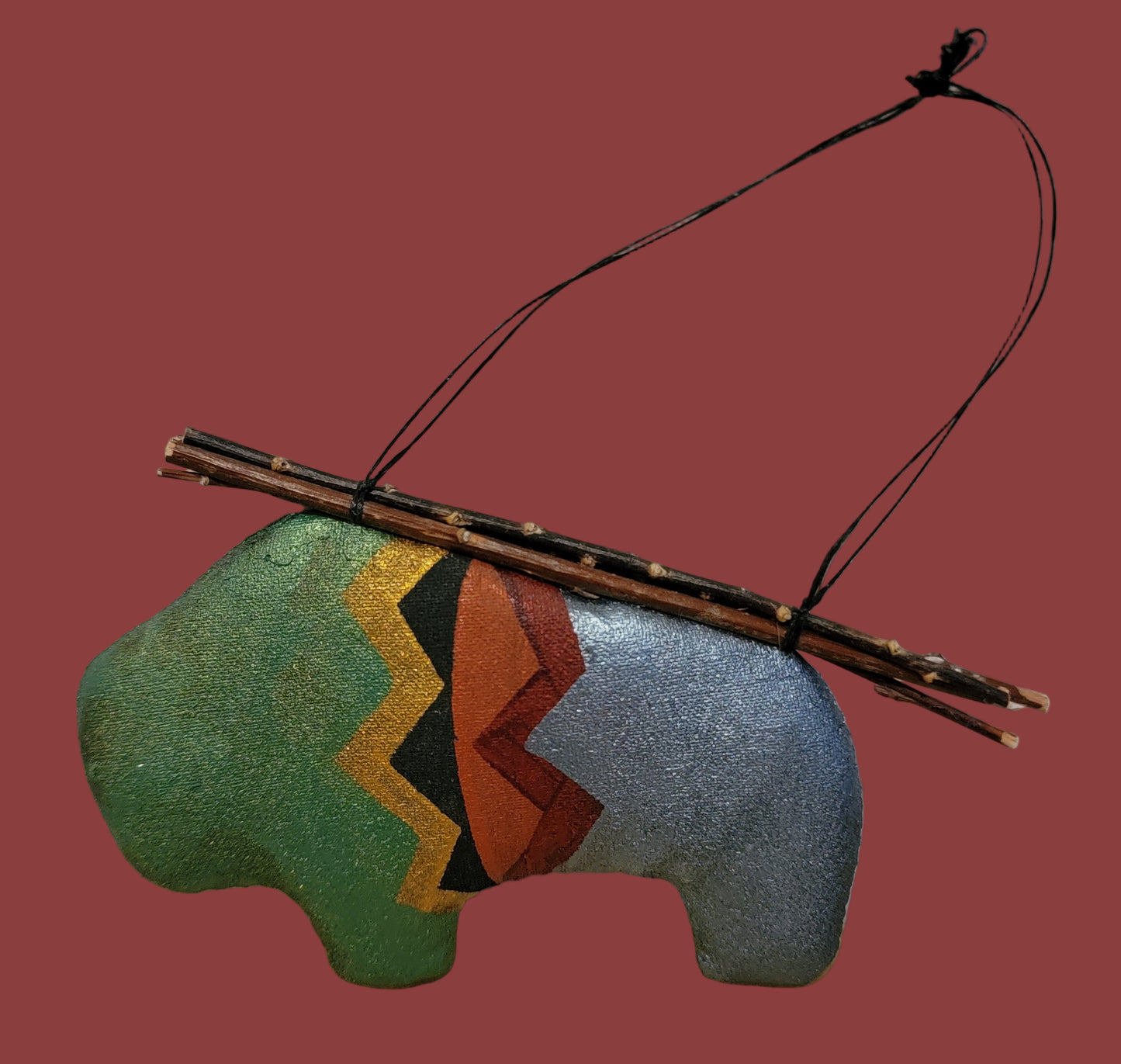 Navajo Leather and Cloth Hand Painted Bison Holiday Ornament w/Twigs