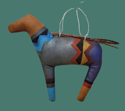 Navajo Leather and Cloth Hand Painted Large Horse Holiday Ornament w/Twigs