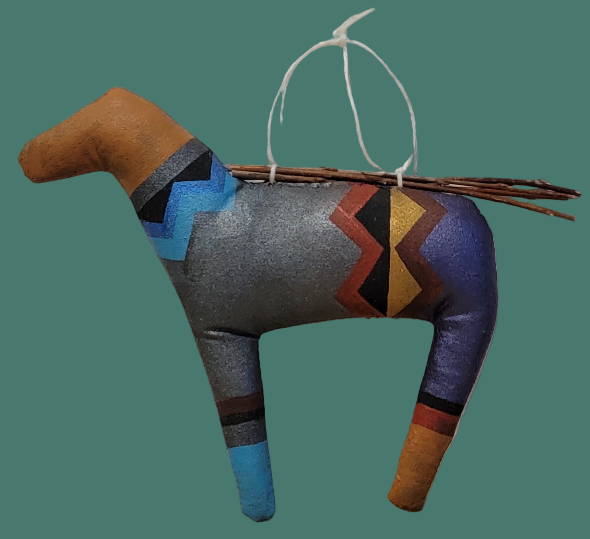 Navajo Leather and Cloth Hand Painted Large Horse Holiday Ornament w/Twigs