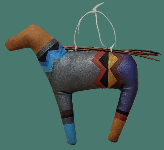 Navajo Leather and Cloth Hand Painted Large Horse Holiday Ornament w/Twigs