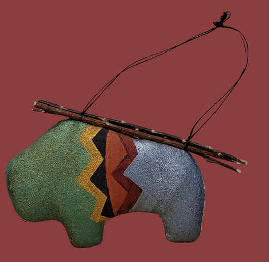 Navajo Leather and Cloth Hand Painted Bison Holiday Ornament w/Twigs