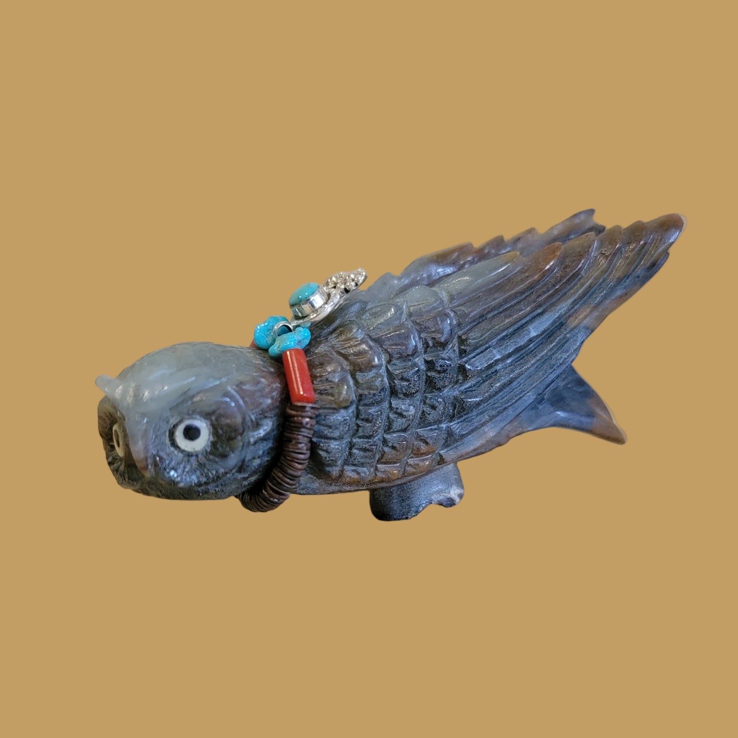 Long Winged and Watchful Fluorite Owl w/ Sterling Silver Pendant Zuni Fetish