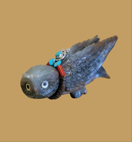Long Winged and Watchful Fluorite Owl w/ Sterling Silver Pendant Zuni Fetish
