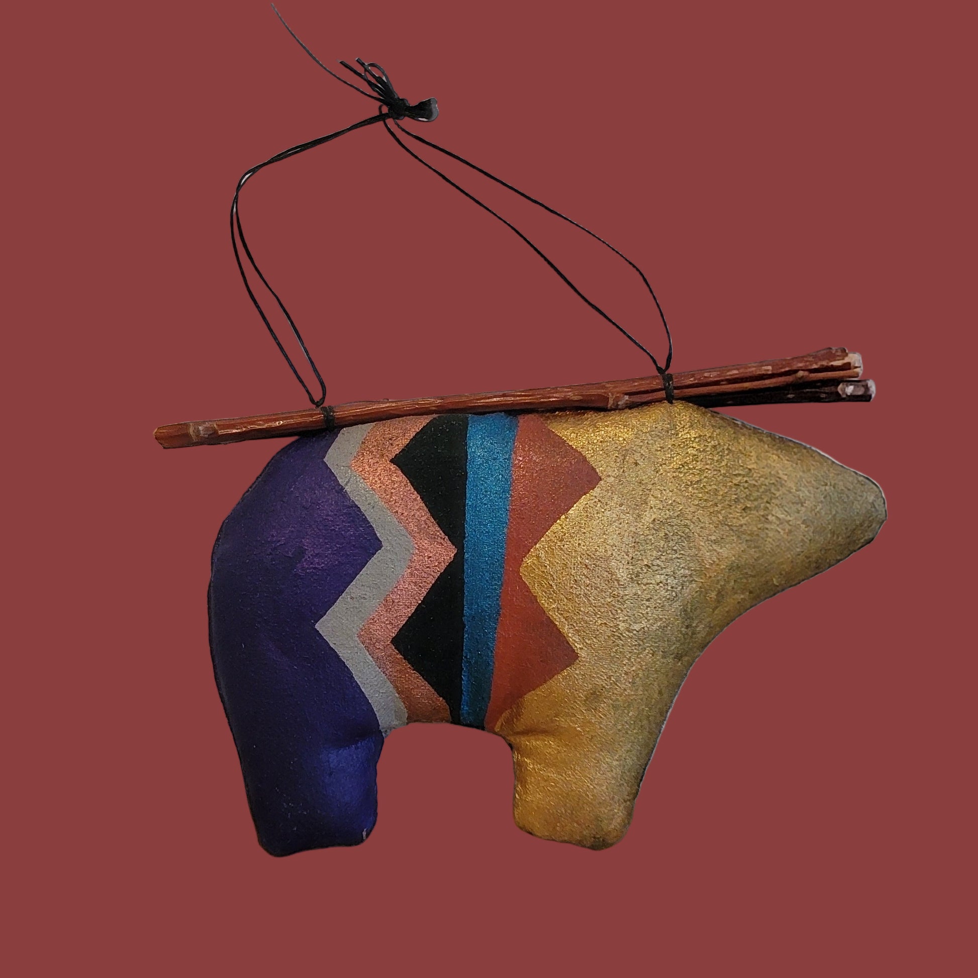Handpainted Leather Navajo Bear Holiday Ornament w/ Twigs