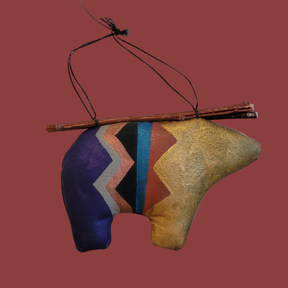 Handpainted Leather Navajo Bear Holiday Ornament w/ Twigs