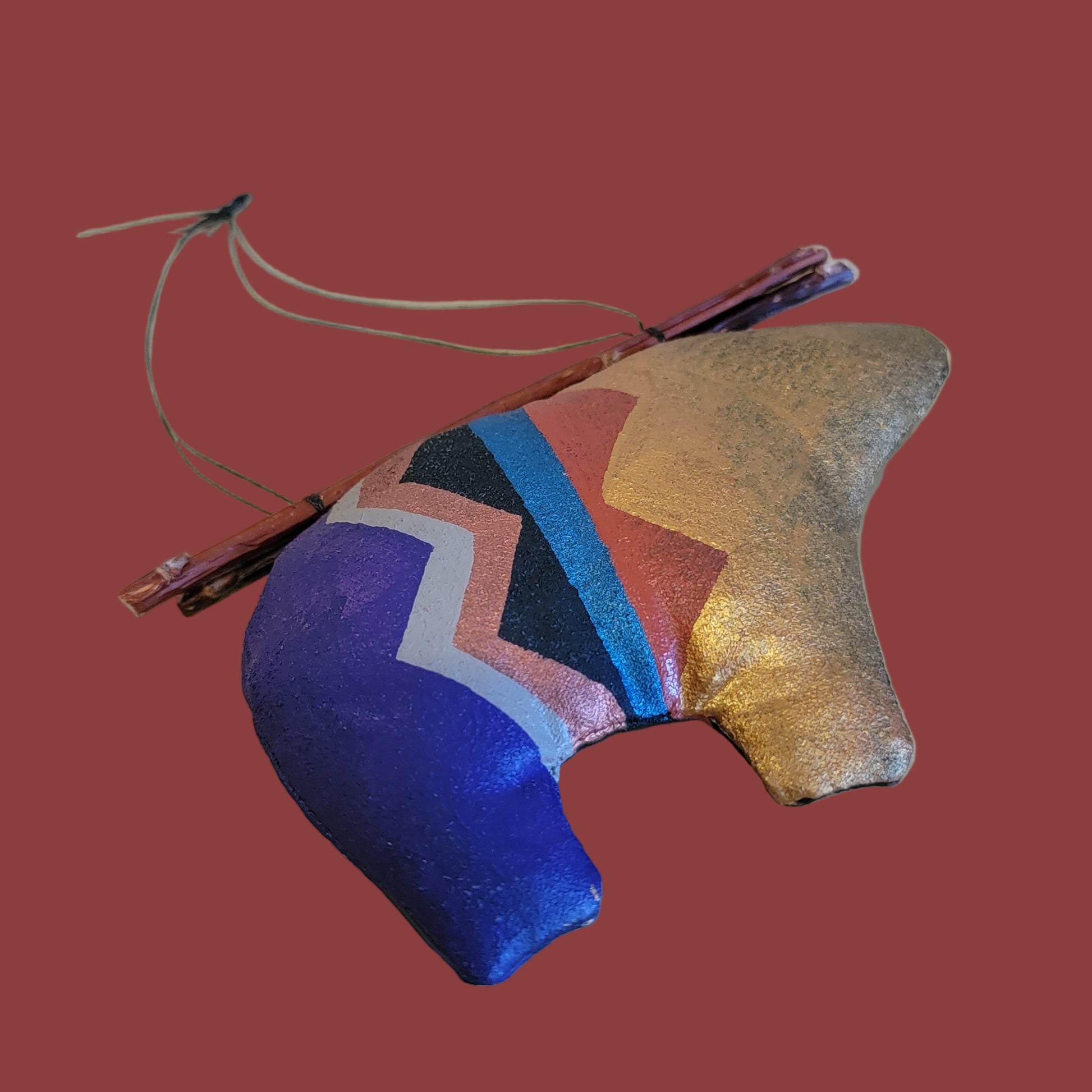 Handpainted Leather Navajo Bear Holiday Ornament w/ Twigs