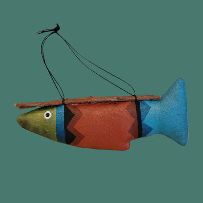 Handpainted Leather and Cloth Navajo Fish Holiday Ornament w/ Bundled Twigs is. Lucky Catch