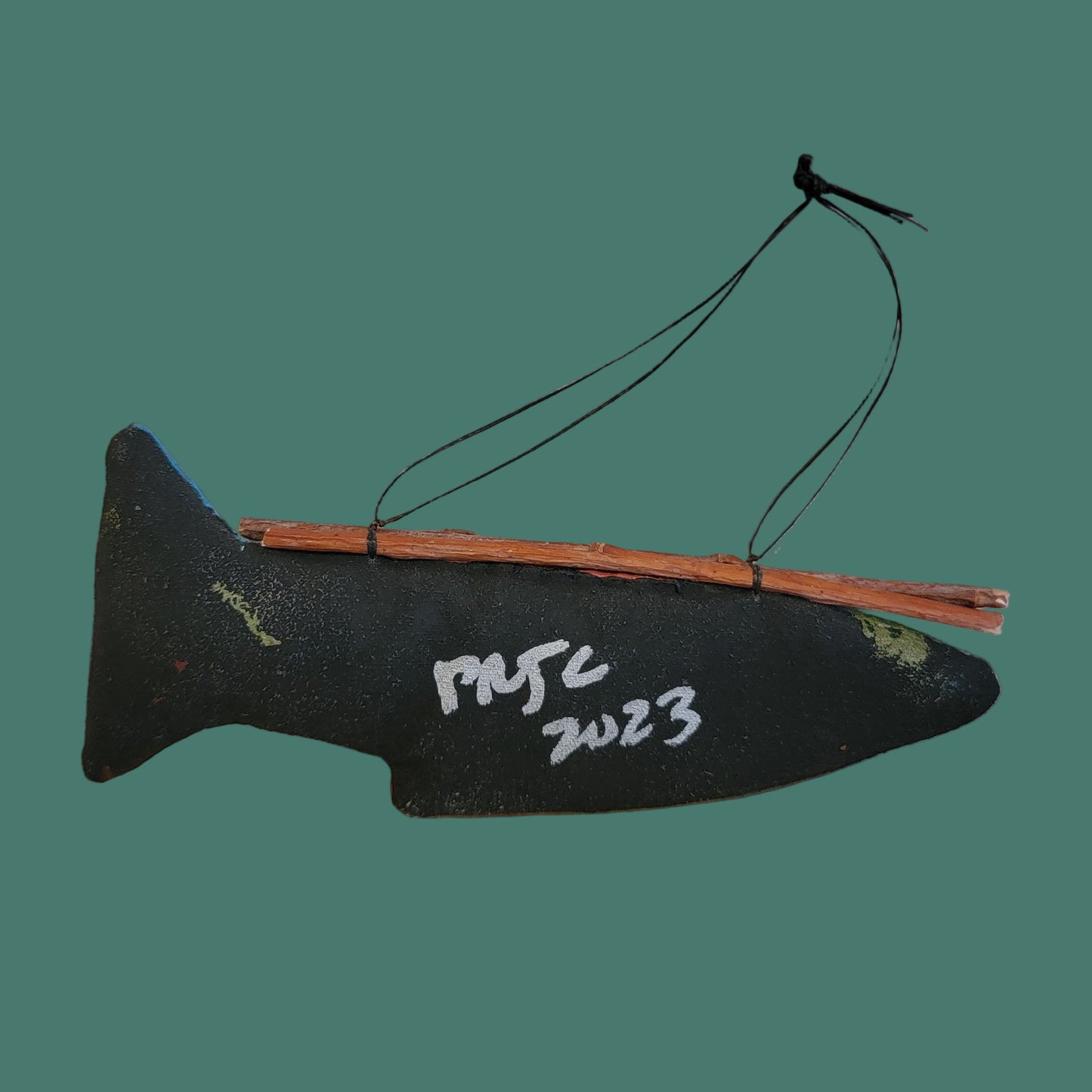 Handpainted Leather and Cloth Navajo Fish Holiday Ornament w/ Bundled Twigs is. Lucky Catch