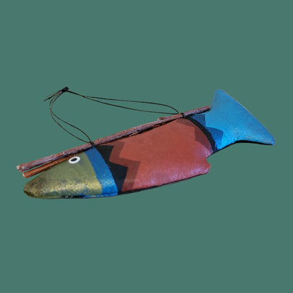Handpainted Leather and Cloth Navajo Fish Holiday Ornament w/ Bundled Twigs is. Lucky Catch