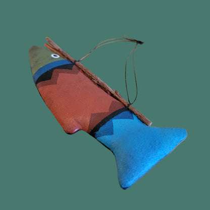 Handpainted Leather and Cloth Navajo Fish Holiday Ornament w/ Bundled Twigs is. Lucky Catch