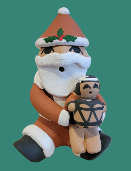 Santa Claus Jemez Pueblo Pottery Storyteller w/ One Happy Child w/ Drum