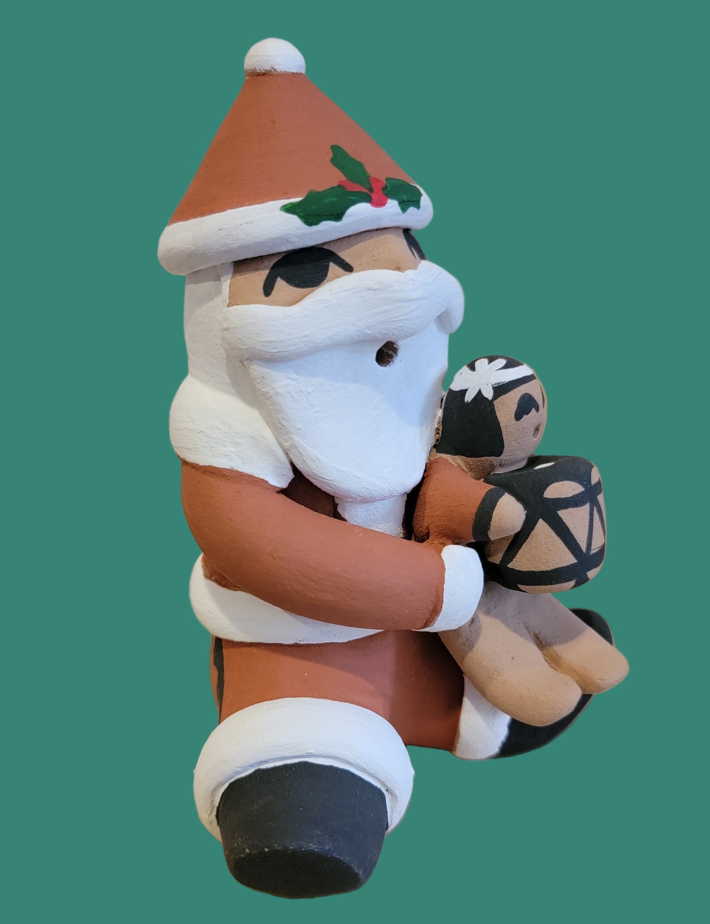 Santa Claus Jemez Pueblo Pottery Storyteller w/ One Happy Child w/ Drum
