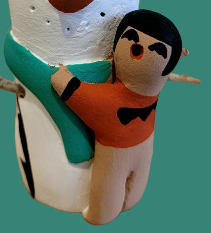 Jemez Pueblo Pottery Snowman Storyteller w/One Hugging Child