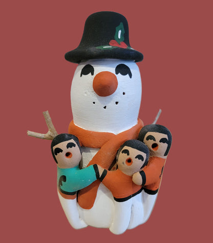 Jemez Pueblo Snowman  Stoyteller w/ Three Delighted Children and Twig Arms Pueblo Potter