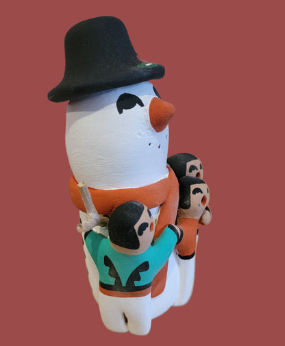 Jemez Pueblo Snowman  Stoyteller w/ Three Delighted Children and Twig Arms Pueblo Potter