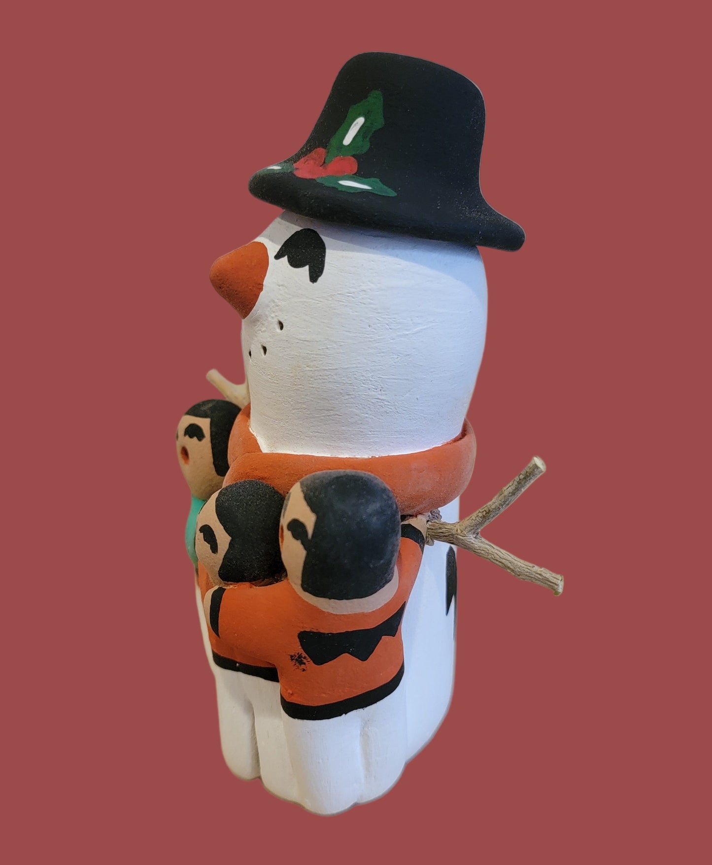 Jemez Pueblo Snowman  Stoyteller w/ Three Delighted Children and Twig Arms Pueblo Potter