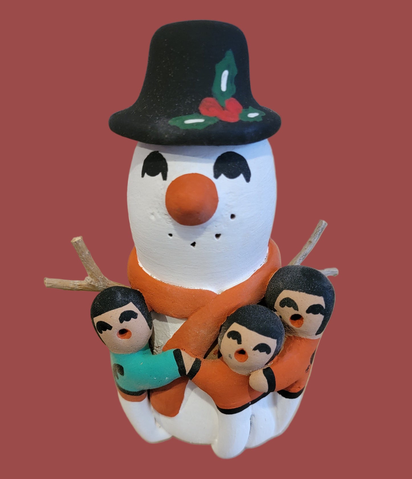 Jemez Pueblo Snowman  Stoyteller w/ Three Delighted Children and Twig Arms Pueblo Potter