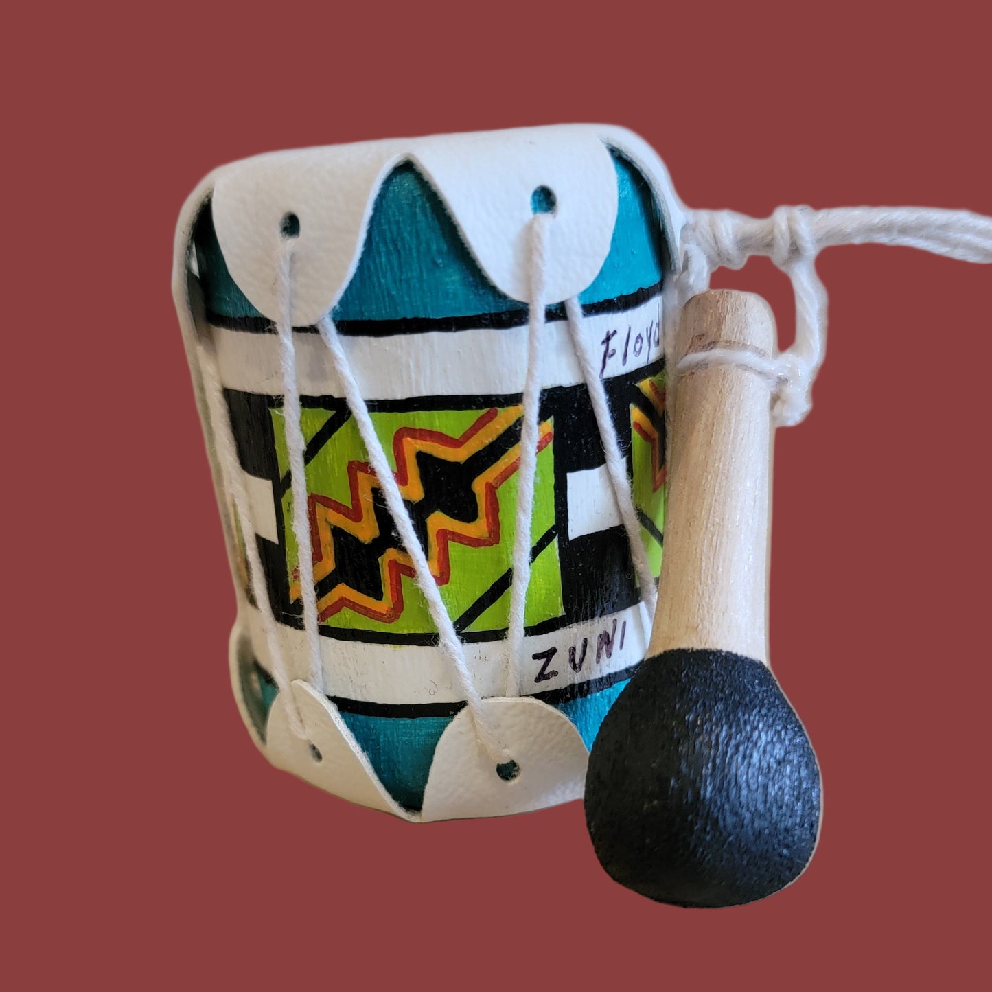 Handpainted Zuni Leather Drum w/Beater Holiday Ornament