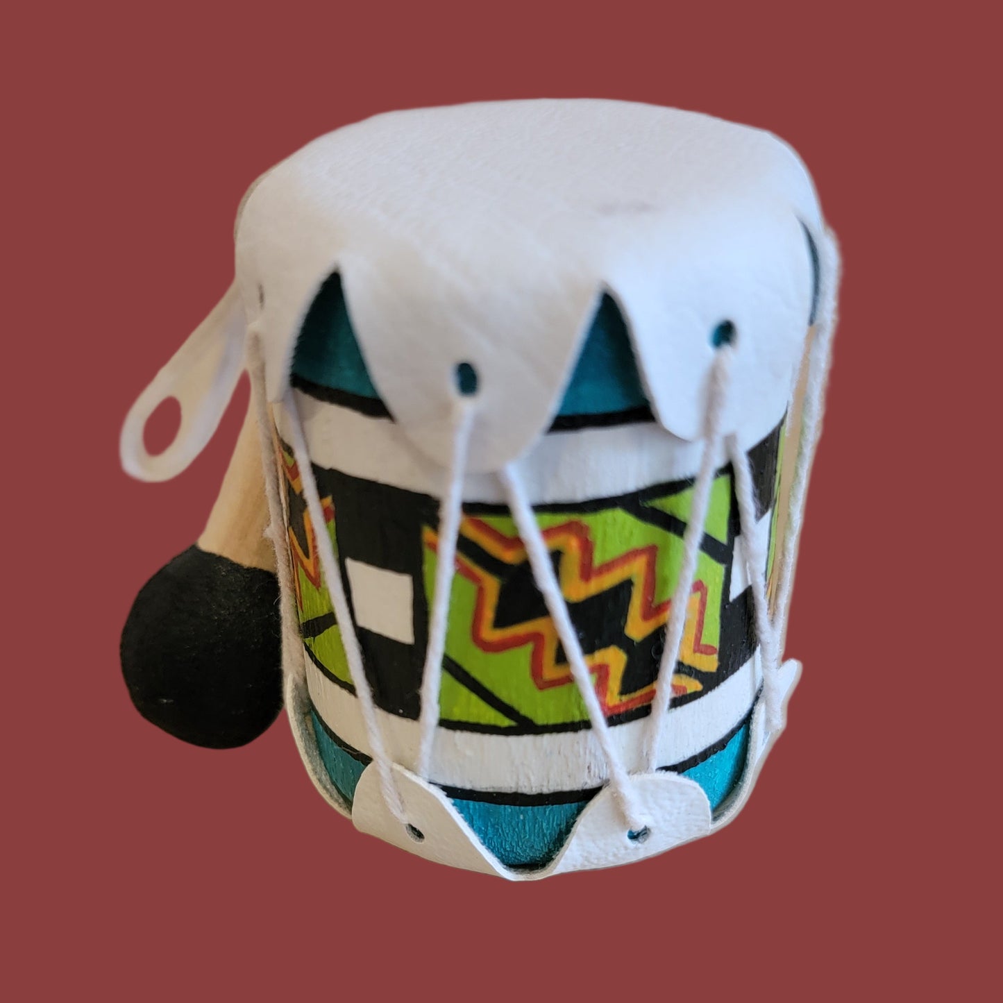Handpainted Zuni Leather Drum w/Beater Holiday Ornament