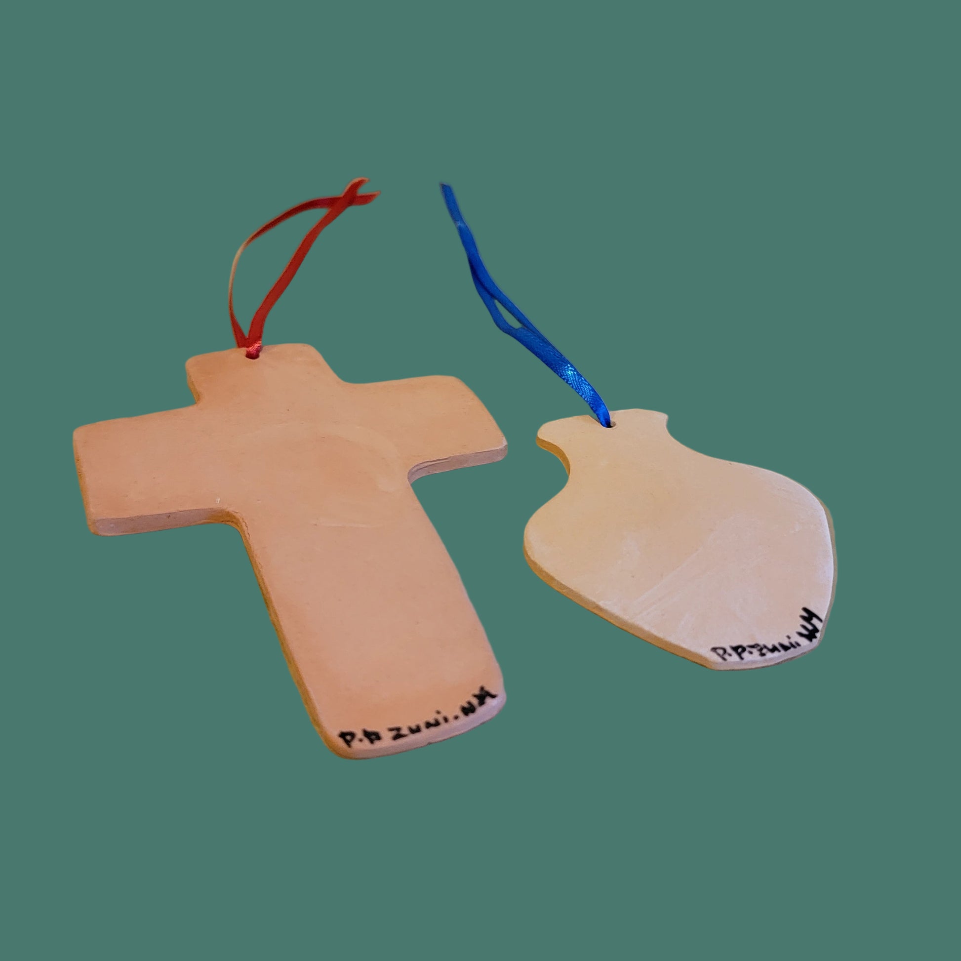 Zuni Set of 2 Hand Coiled and Painted Deer w/ Heartline Pueblo Pottery Holiday Ornaments