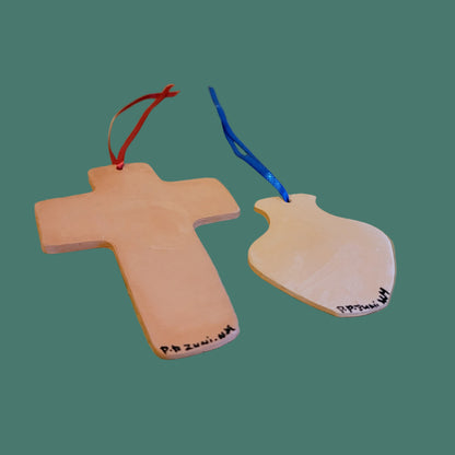 Zuni Set of 2 Hand Coiled and Painted Deer w/ Heartline Pueblo Pottery Holiday Ornaments