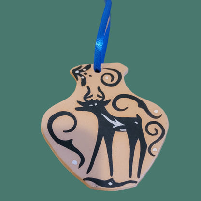 Zuni Set of 2 Hand Coiled and Painted Deer w/ Heartline Pueblo Pottery Holiday Ornaments