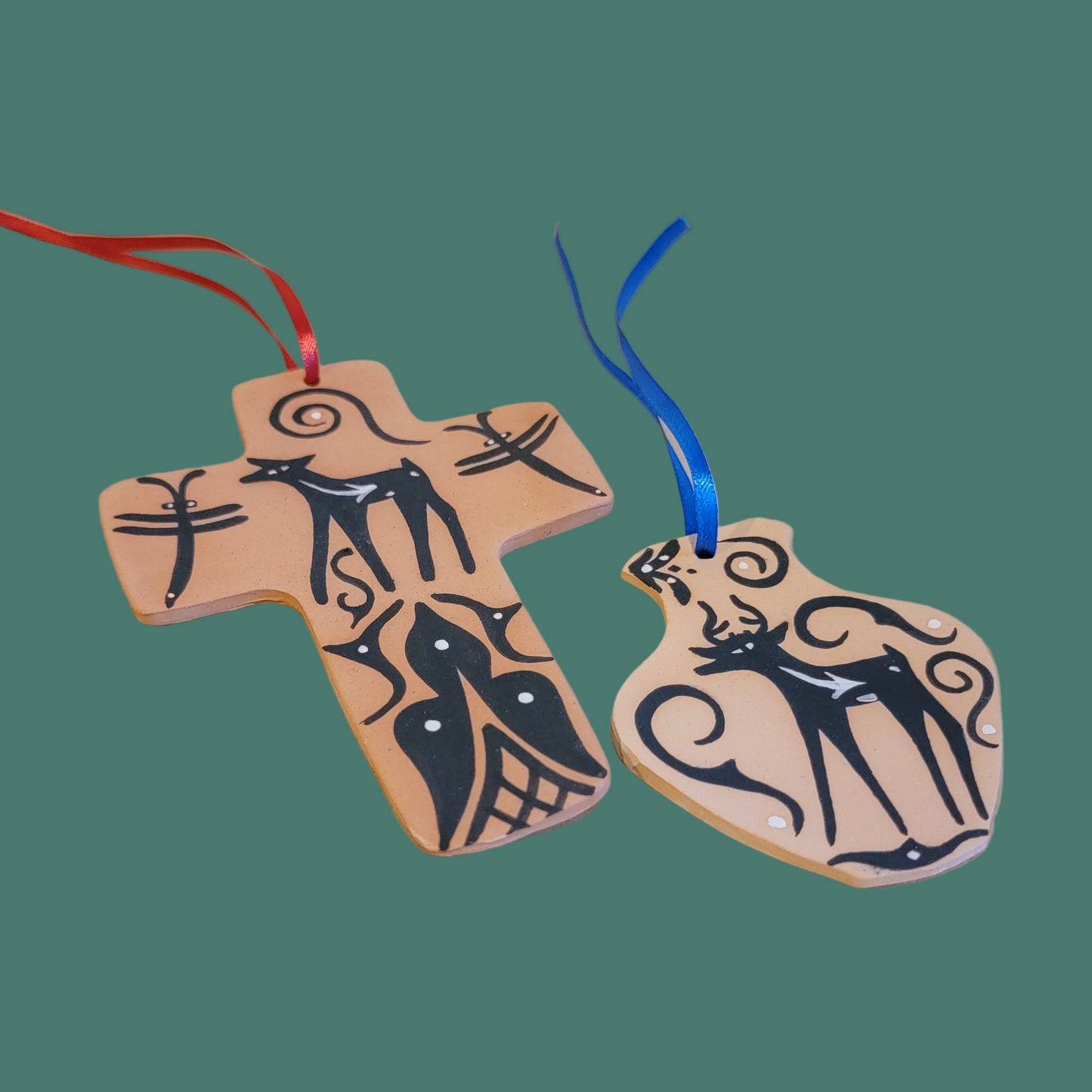 Zuni Set of 2 Hand Coiled and Painted Deer w/ Heartline Pueblo Pottery Holiday Ornaments