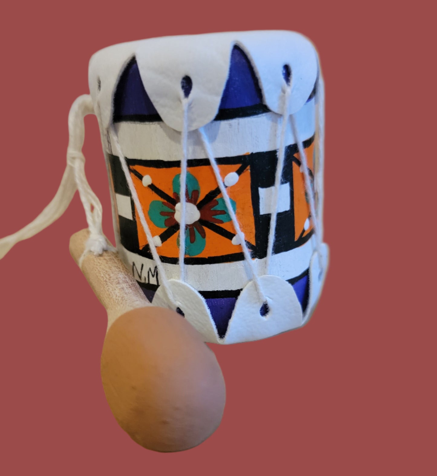 Zuni Handpainted Drum w/ Beater Leather Holiday Ornament
