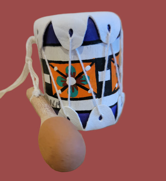 Zuni Handpainted Drum w/ Beater Leather Holiday Ornament