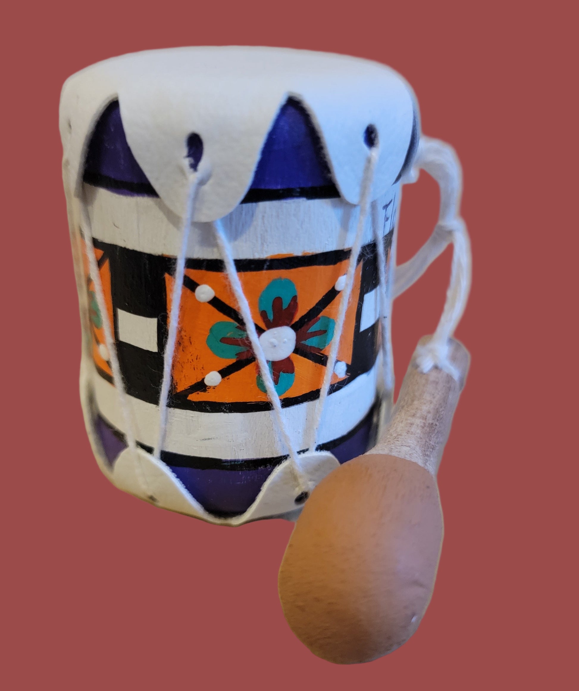Zuni Handpainted Drum w/ Beater Leather Holiday Ornament