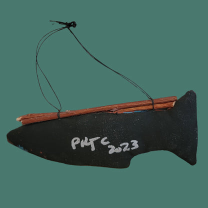 Navajo Leather Handpainted Fish w/Twigs Holiday Ornament