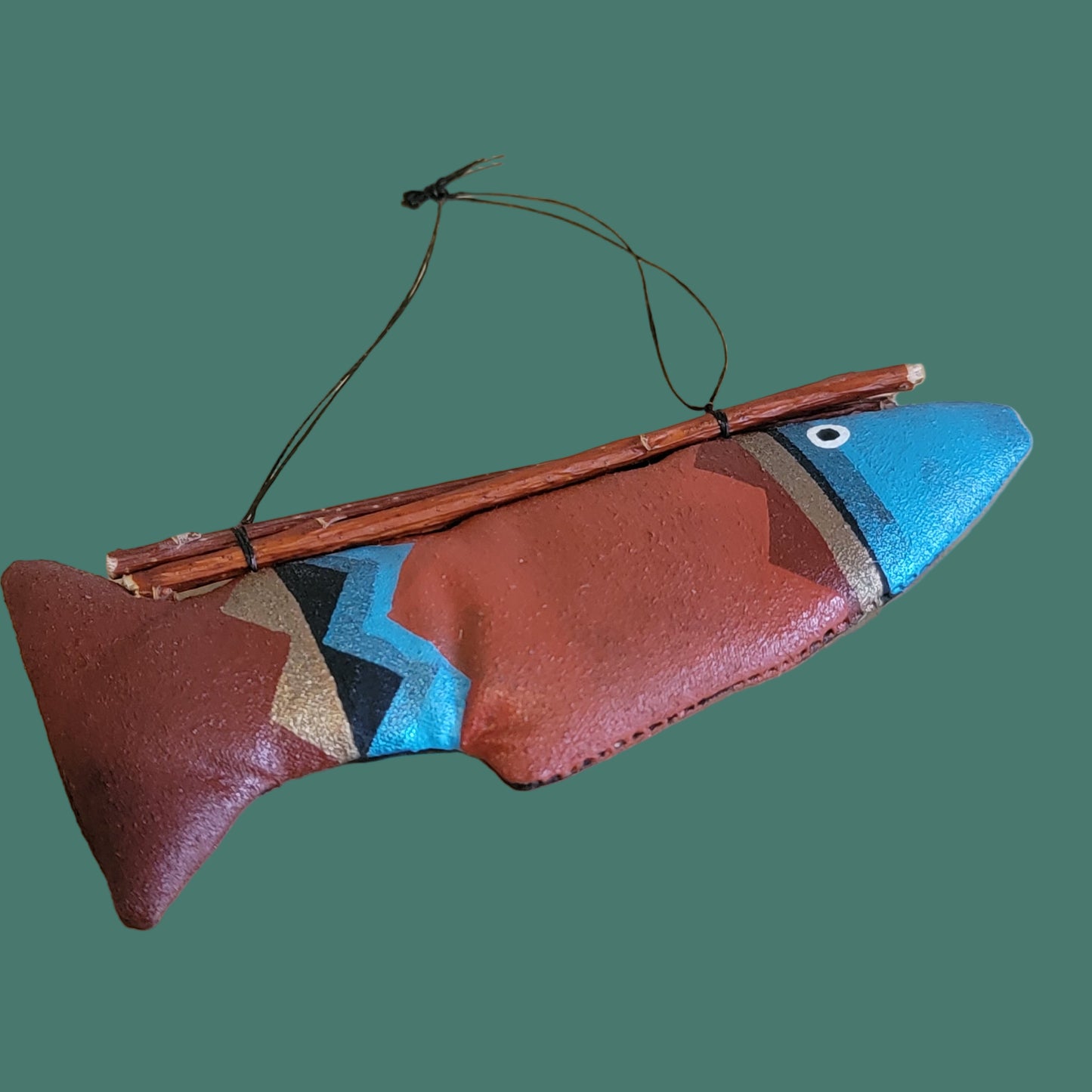 Navajo Leather Handpainted Fish w/Twigs Holiday Ornament