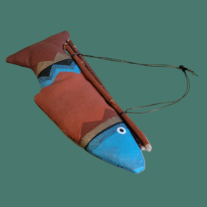 Navajo Leather Handpainted Fish w/Twigs Holiday Ornament