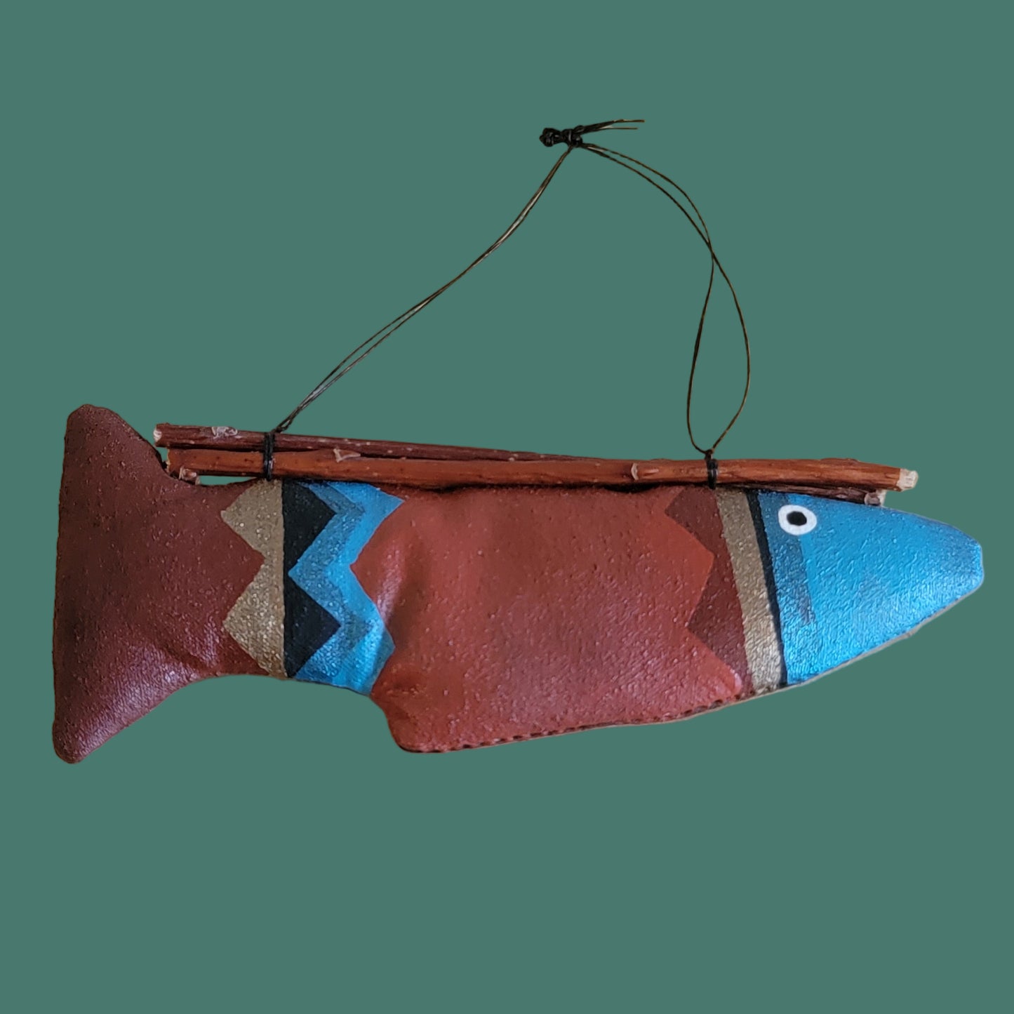 Navajo Leather Handpainted Fish w/Twigs Holiday Ornament