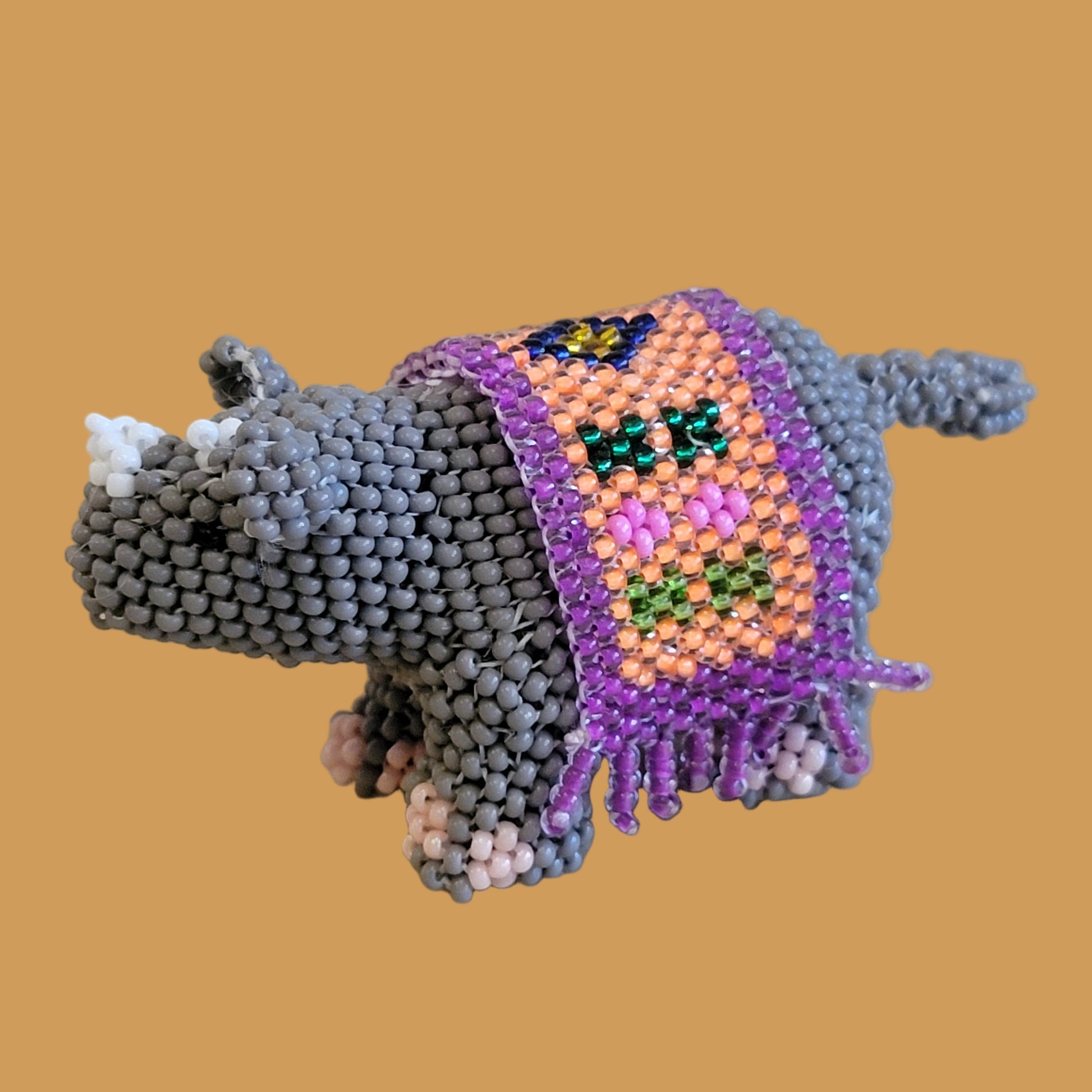 Fully Beaded Zuni Rhino w/ Beautiful Saddle Blanket Indian Beadwork