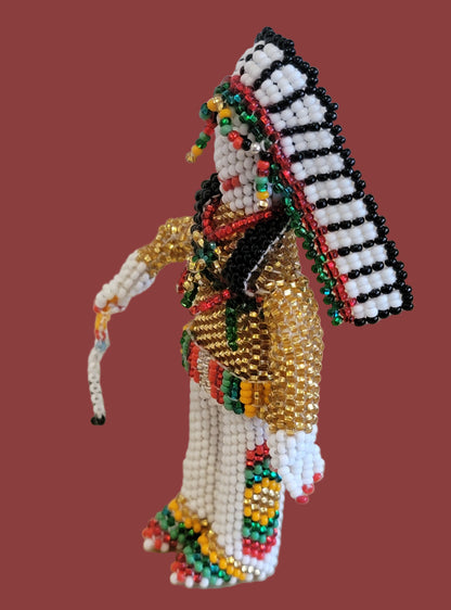 Zuni Fully Beaded Chief is Holiday Ready and Holding a Ceremonial Fan Indian Beadwork