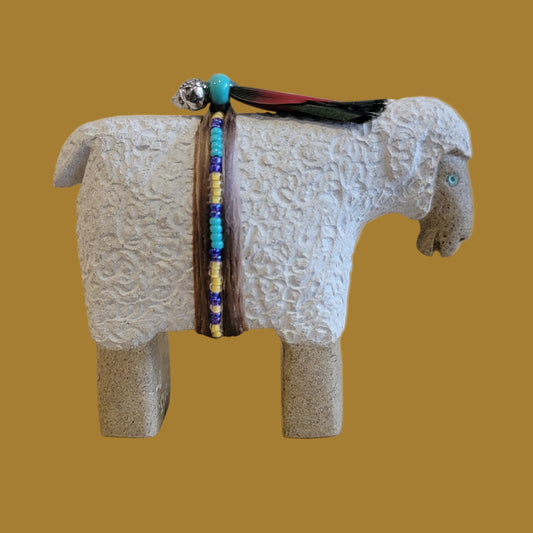 Navajo Sheep w/ Seedbead and Feather Wrap Zuni Fetish