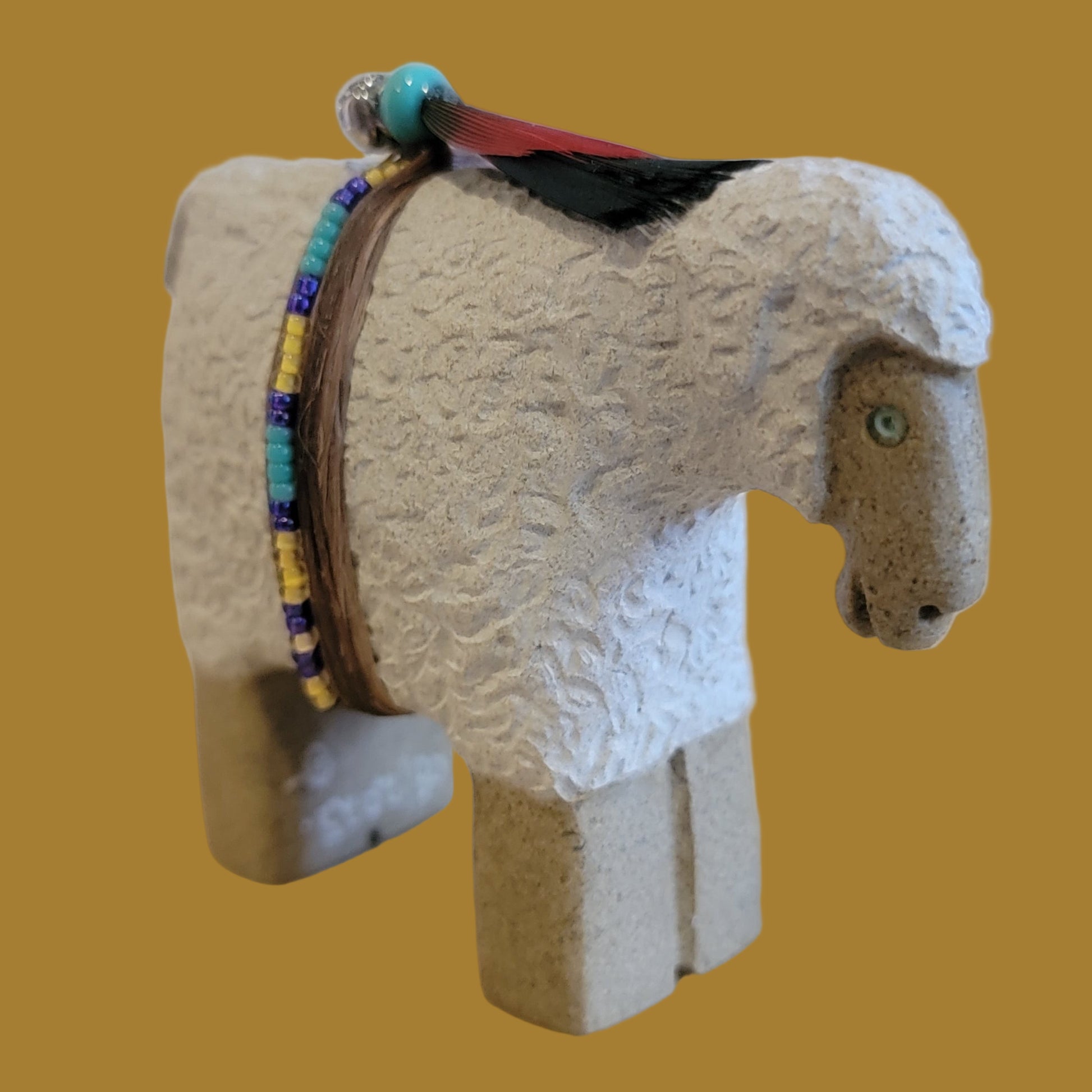 Navajo Sheep w/ Seedbead and Feather Wrap Zuni Fetish