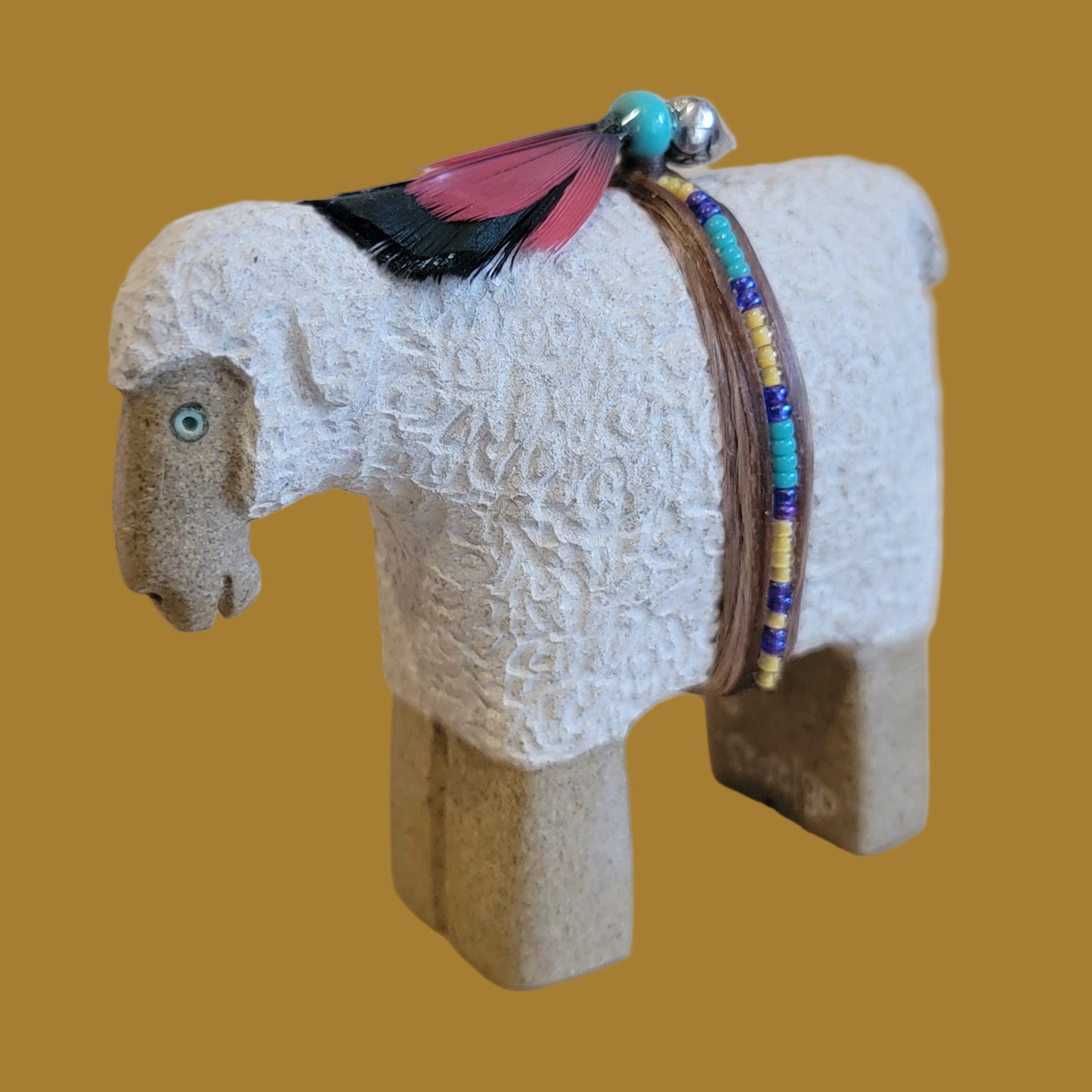 Navajo Sheep w/ Seedbead and Feather Wrap Zuni Fetish