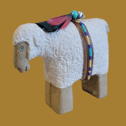 Navajo Sheep w/ Seedbead and Feather Wrap Zuni Fetish