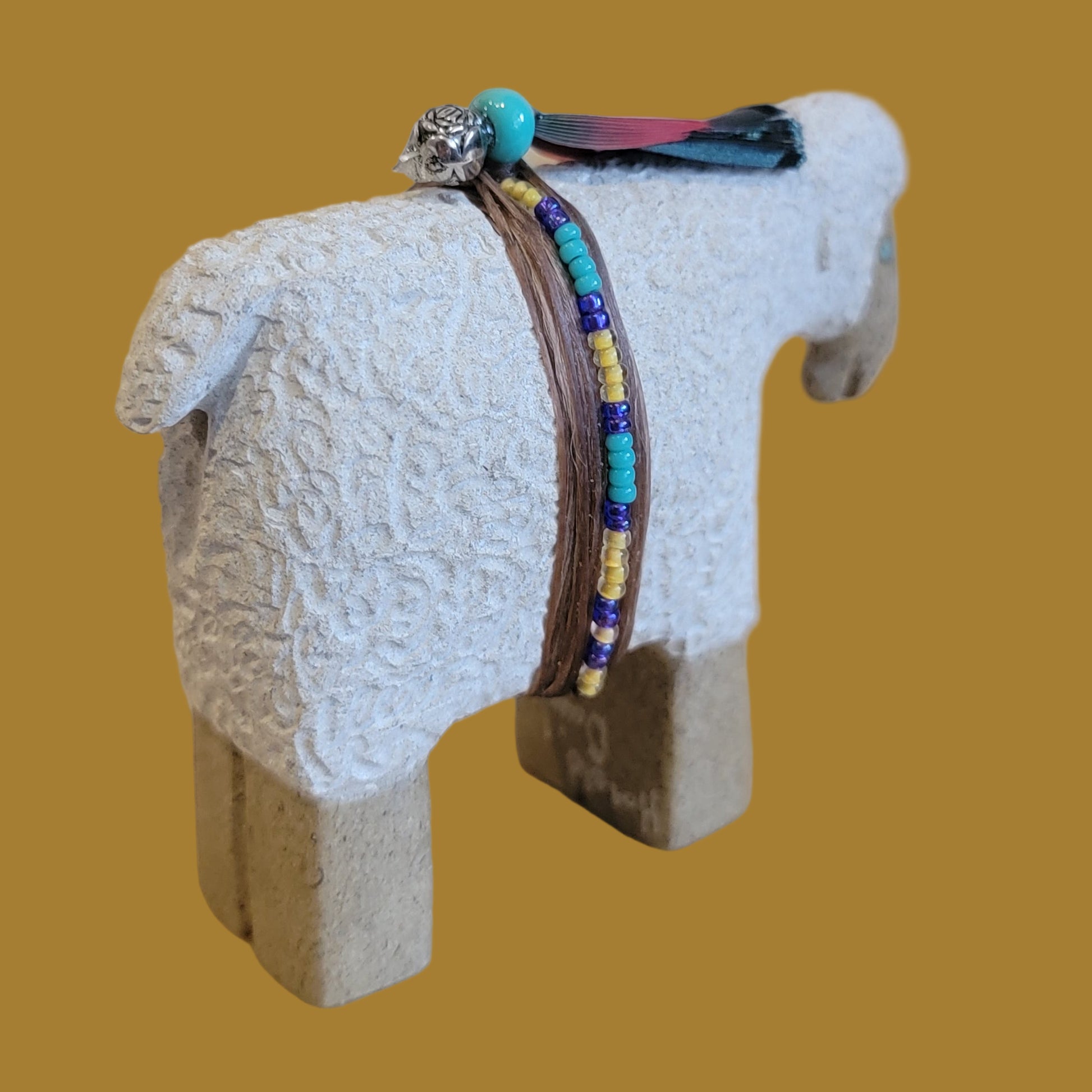 Navajo Sheep w/ Seedbead and Feather Wrap Zuni Fetish