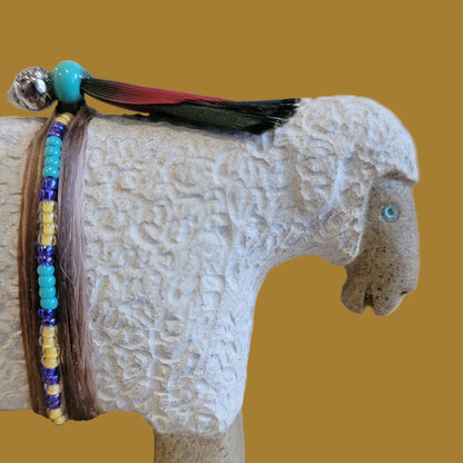 Navajo Sheep w/ Seedbead and Feather Wrap Zuni Fetish