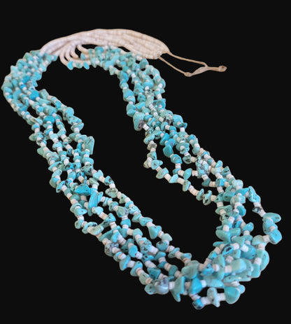 Quadruple Strand Shell Heishe w/ Multi Turquoise Stone Nuggets Santo Domingo Pueblo Necklace Indian Jewelry