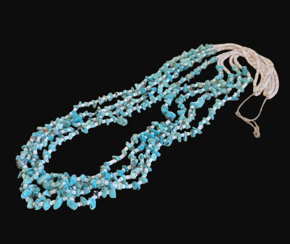 Quadruple Strand Shell Heishe w/ Multi Turquoise Stone Nuggets Santo Domingo Pueblo Necklace Indian Jewelry