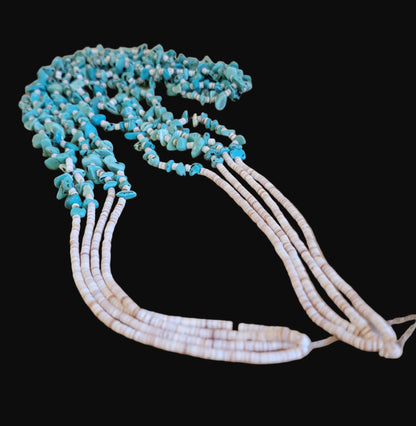 Quadruple Strand Shell Heishe w/ Multi Turquoise Stone Nuggets Santo Domingo Pueblo Necklace Indian Jewelry