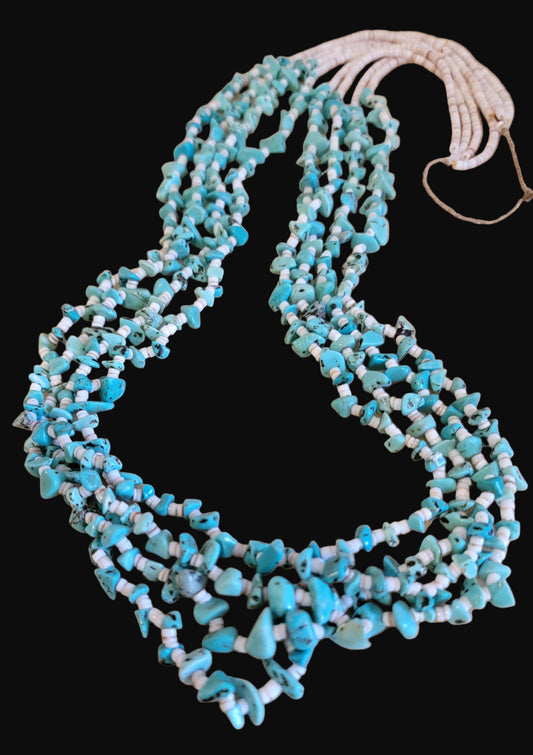 Quadruple Strand Shell Heishe w/ Multi Turquoise Stone Nuggets Santo Domingo Pueblo Necklace Indian Jewelry