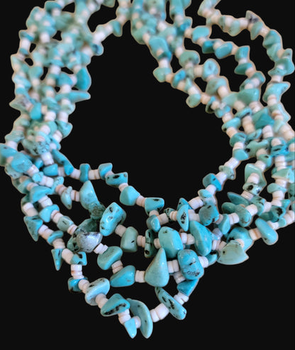 Quadruple Strand Shell Heishe w/ Multi Turquoise Stone Nuggets Santo Domingo Pueblo Necklace Indian Jewelry