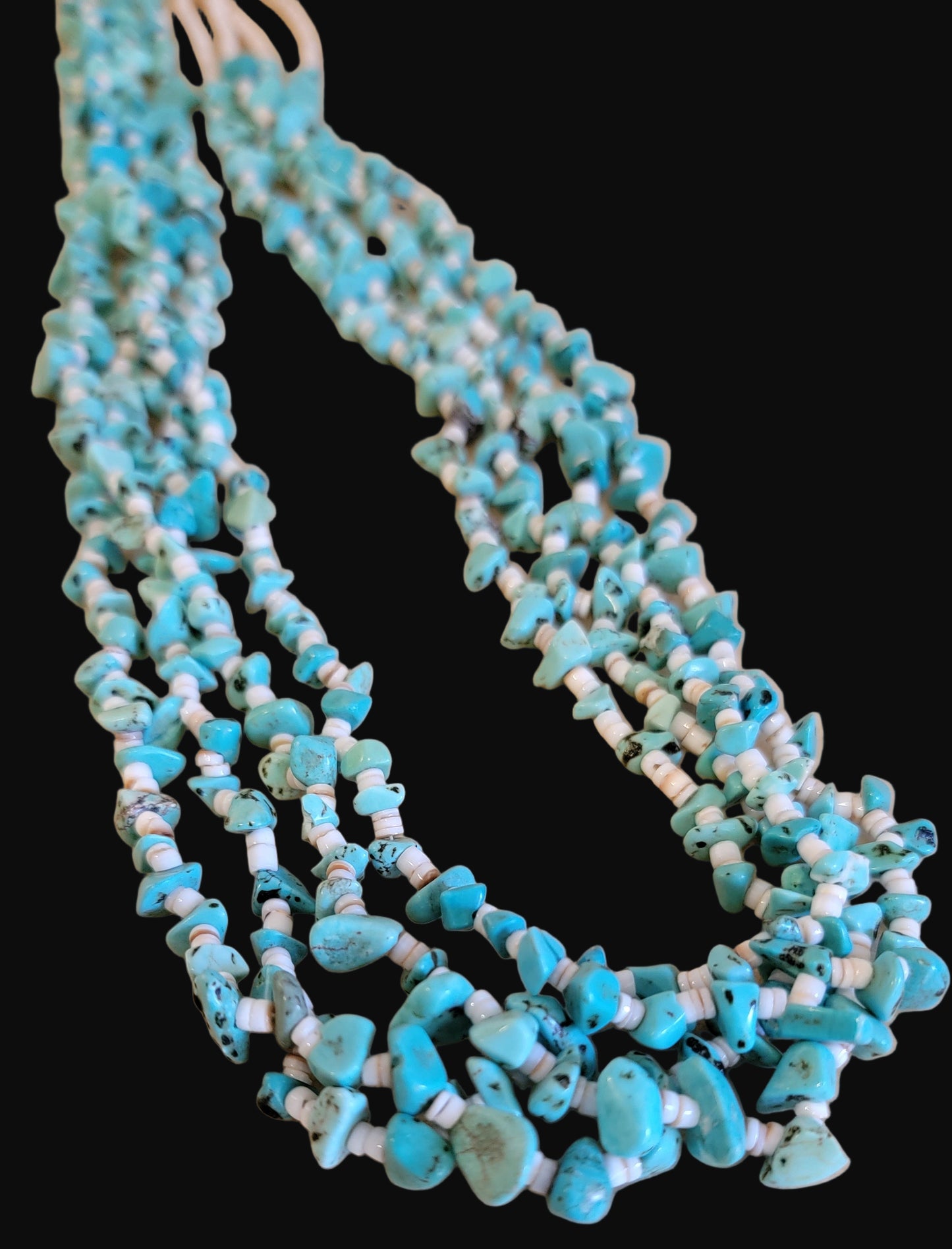 Quadruple Strand Shell Heishe w/ Multi Turquoise Stone Nuggets Santo Domingo Pueblo Necklace Indian Jewelry