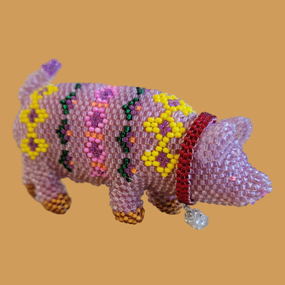 Fully Beaded Zuni Adorable Pig w/ Beaded Bell Collar Indian Beadwork