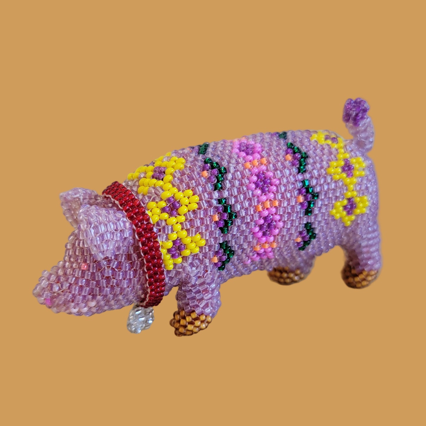 Fully Beaded Zuni Adorable Pig w/ Beaded Bell Collar Indian Beadwork